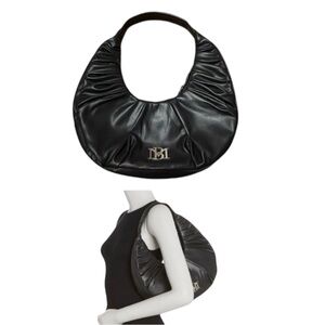 BADGLEY MISCHKA Black Ruched Crescent Shoulder Bag Vegan Leather NWOT